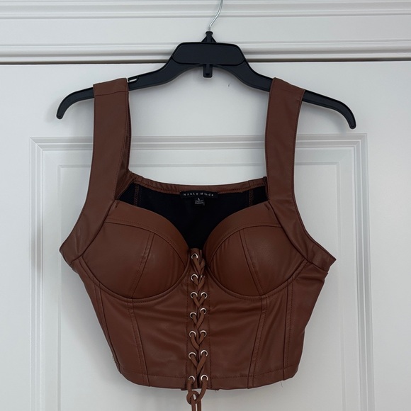Haute Monde Tops - Haute Monde Brown Leather Lace-Up Crop Top